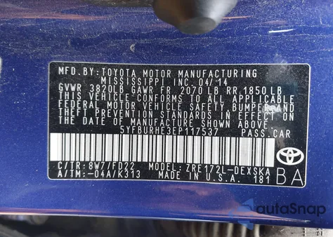 2014 Toyota Corolla S Plus из США, поврежденный, VIN 5YFBURHE3EP117537